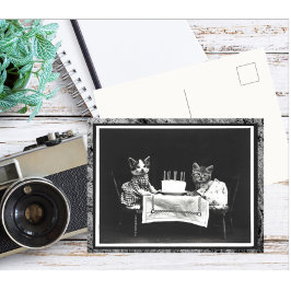 Postal Gatos Antiguos Dos Gatitos Y La Tarta De Cumpleaño