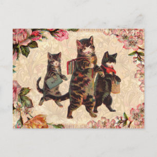 Postal Gatos Atigrados Vintage Camino a la Escuela Impres