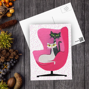 Postal Gatos atómicos blancos y negros Silla rosada Punto