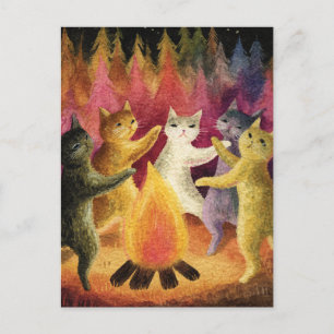 Postal Gatos Bailan Alrededor de la Hoguera