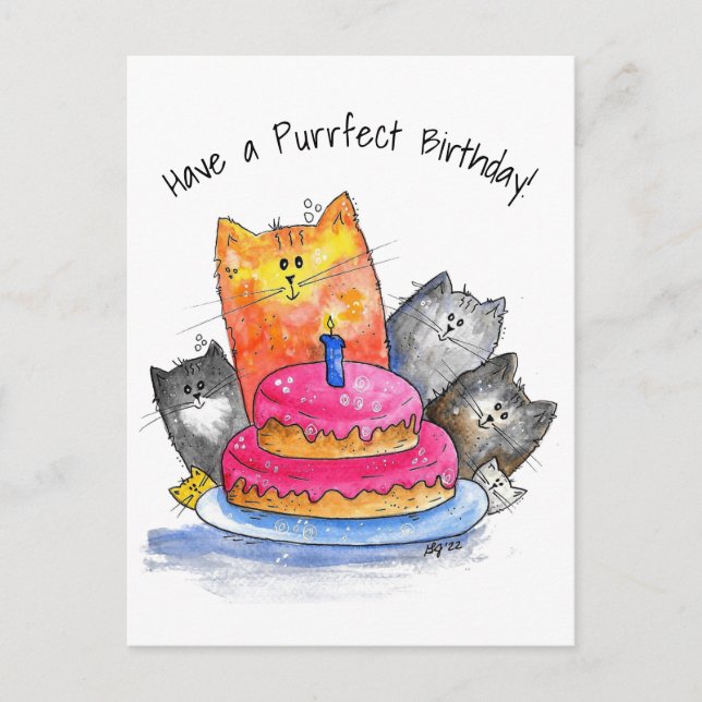 Postal Gatos Caprichosos con Tarta de Cumpleaños (Anverso)