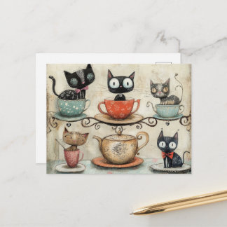 Postal Gatos caprichosos de taza de té