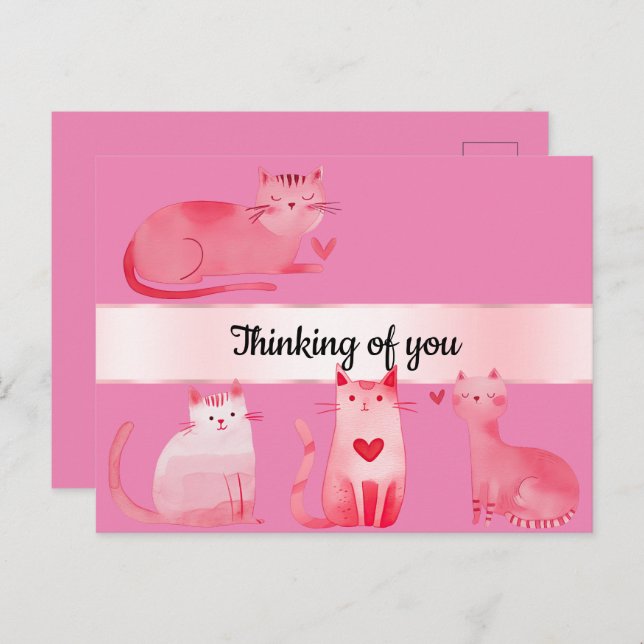 Postal Gatos de corazón rosado pensando en ti (Anverso / Reverso)