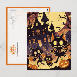 Postal Gatos de Halloween junto a la Casa Embrujada