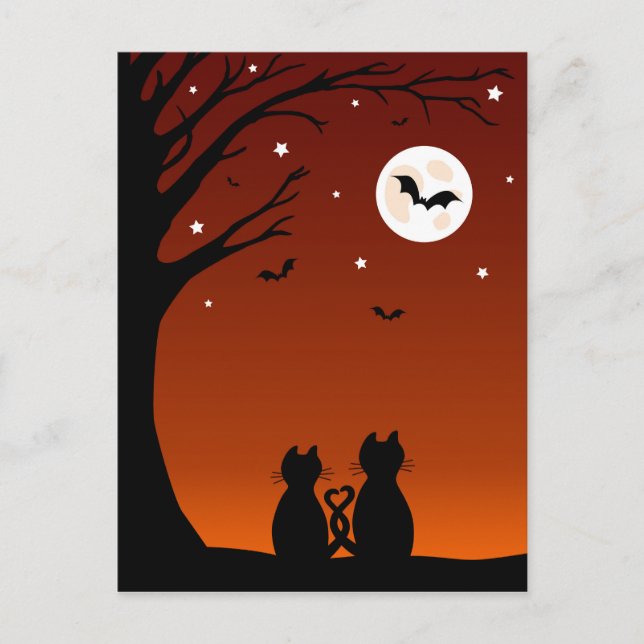 Postal Gatos De Halloween Mirando A La Luna (Anverso)