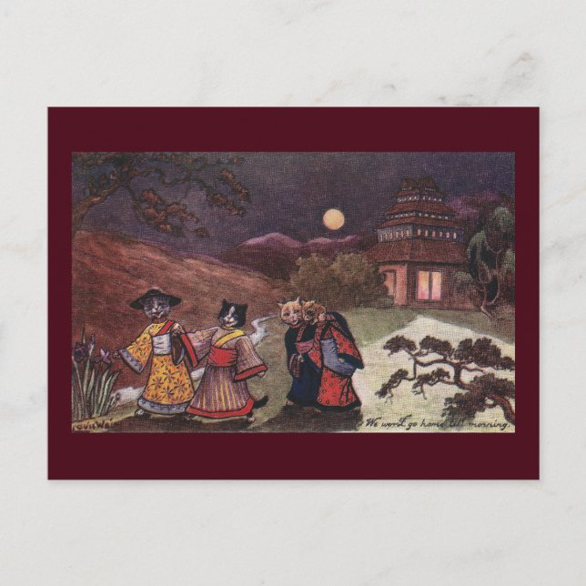 Postal Gatos de Kimonos dan un paseo nocturno (Anverso)