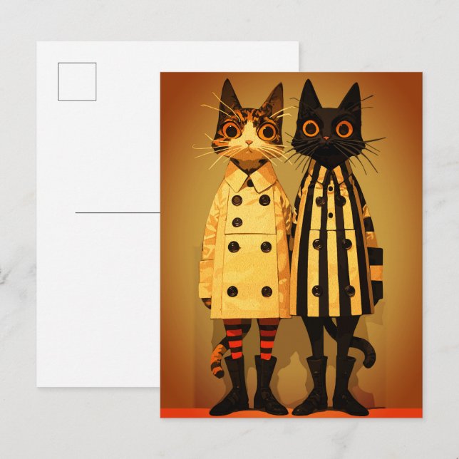Postal Gatos de Moda – Abrigos y Botas de Gato Originales (Anverso / Reverso)
