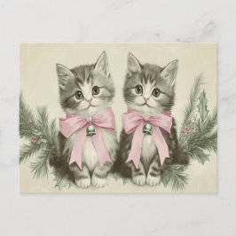 Postal Gatos de Navidad Vintage con Lazos Rosas