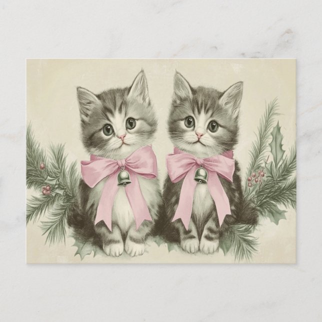 Postal Gatos de Navidad Vintage con Lazos Rosas (Anverso)