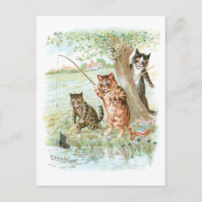 Postal Gatos de pesca 2 por Louis Wain (Anverso)