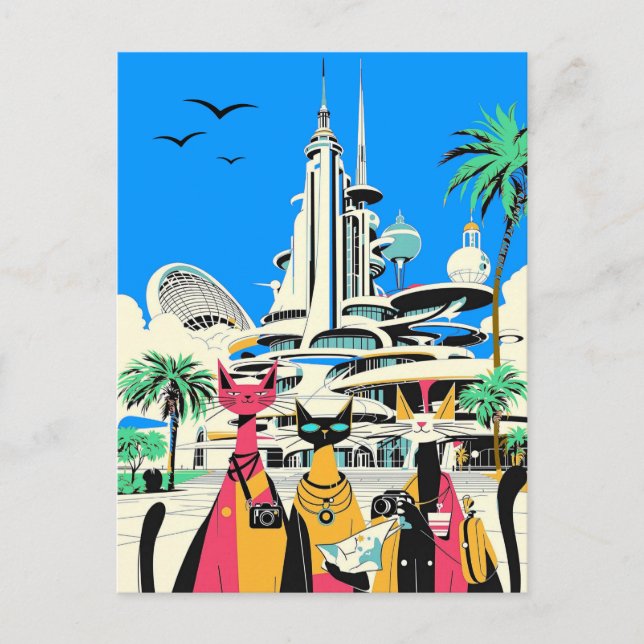 Postal Gatos de vacaciones visitan el futuro (Anverso)