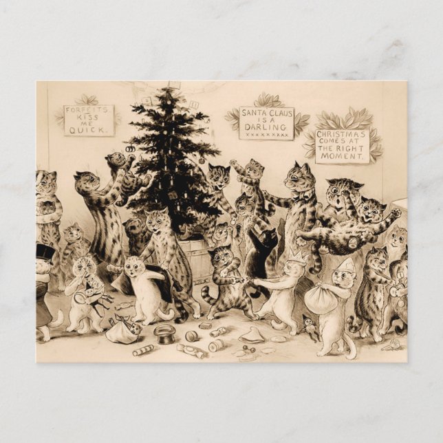 Postal Gatos Decorando Árbol De Navidad Por Louis Wain (Anverso)