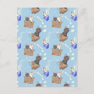Postal Gatos en caja y gotas de leche en azul