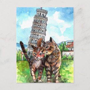 Postal Gatos en la Torre de Pisa