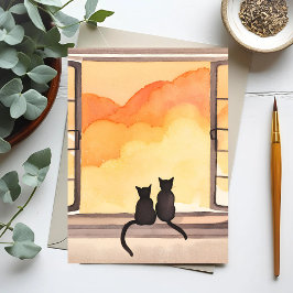 Postal Gatos en la ventana | Silueta de acuarela al atard