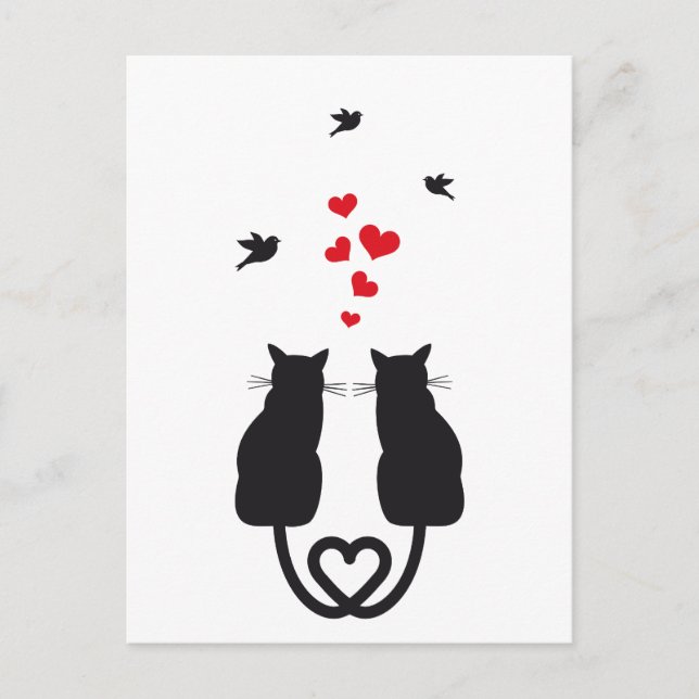 Postal gatos enamorados de los corazones y las aves (Anverso)