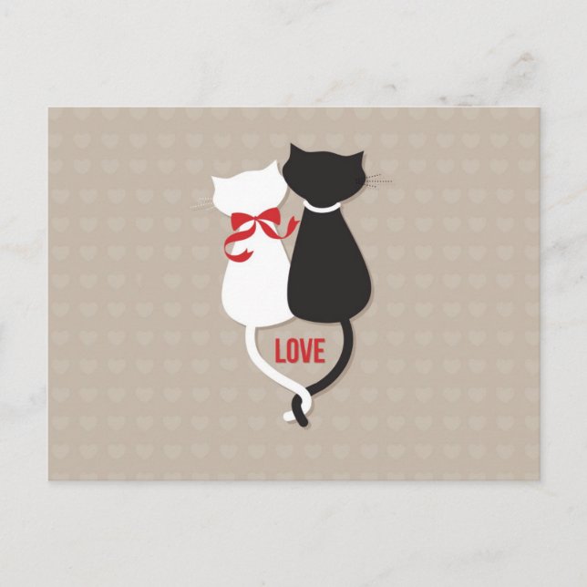 Postal Gatos enamorados rodeados de corazones (Anverso)