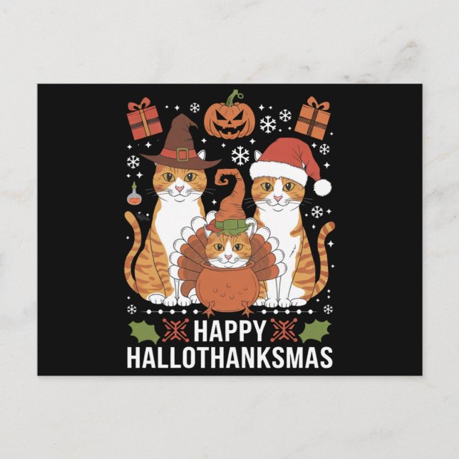 Postal Gatos Felices Hallothanksmas Halloween Navidad  (Anverso)