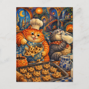 Postal Gatos Gordinflones Horneando Galletas
