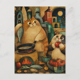 Postal Gatos gordos cocinando la cena