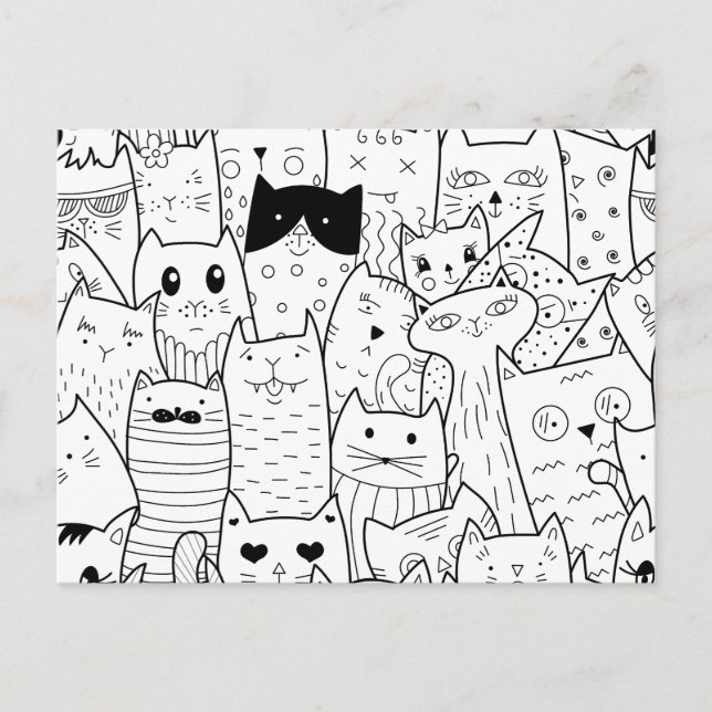 Postal Gatos graciosos de garabatos negros y blancos (Anverso)