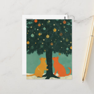 Postal Gatos Jengibre Bajo el Árbol de Navidad