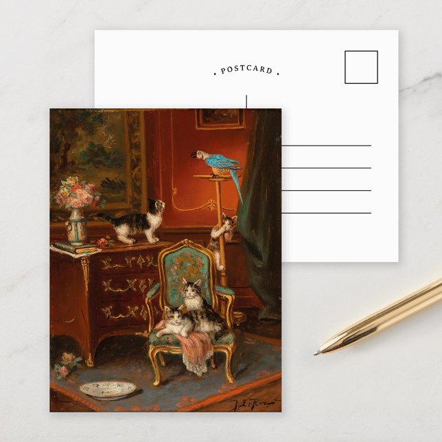 Postal Gatos jugando con un loro | Jules Le Roy (Subido por el creador)