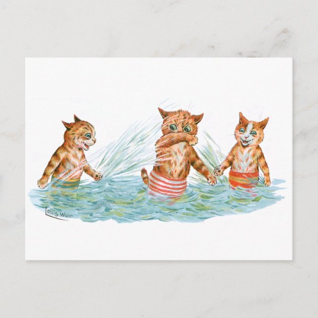 Postal Gatos jugando en el agua Louis Wain (Anverso)