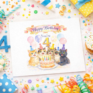 Postal Gatos Lindos Cumpleaños Feliz 4º para Niñas