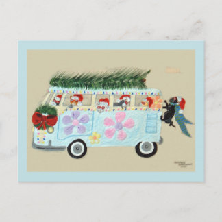 Postal Gatos locos en su furgoneta hippie de Navidad