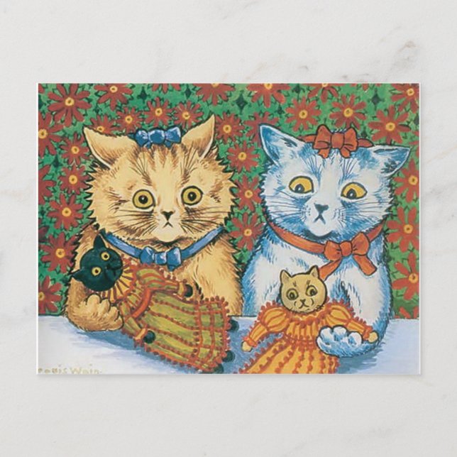 Postal Gatos Louis Wain sosteniendo los osos de Teddy (Anverso)