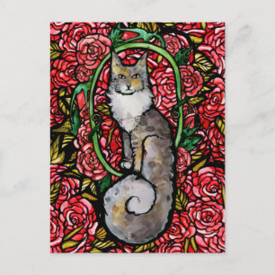Postal Gatos Maine Coon de Rosas Rojas Arte Gato Jardín d