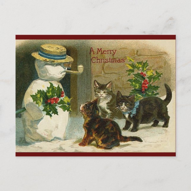 Postal Gatos navideños vintage y snowman (Anverso)