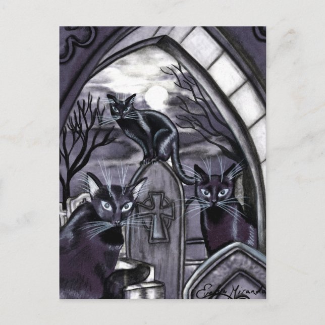 Postal Gatos negros cementerio de luna llena (Anverso)