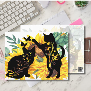 Postal Gatos Negros de Girasoles Acuarela Floral
