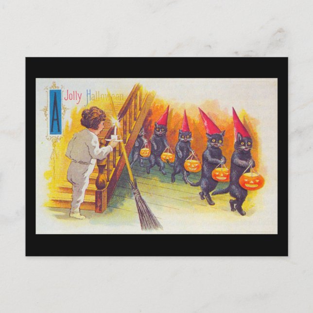 Postal Gatos negros de Halloween con calabazas (Anverso)
