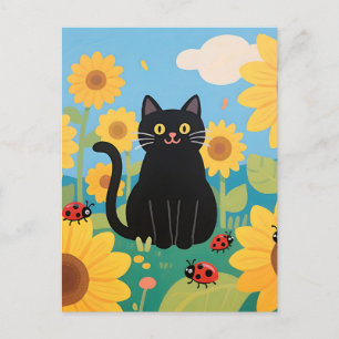 Postal Gatos negros Girasoles Mariquitas