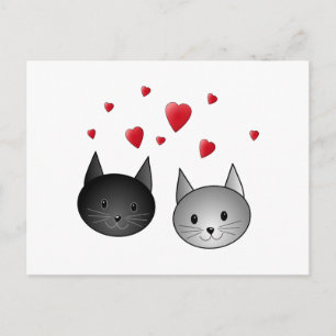 Postal Gatos negros y grises, con corazones.