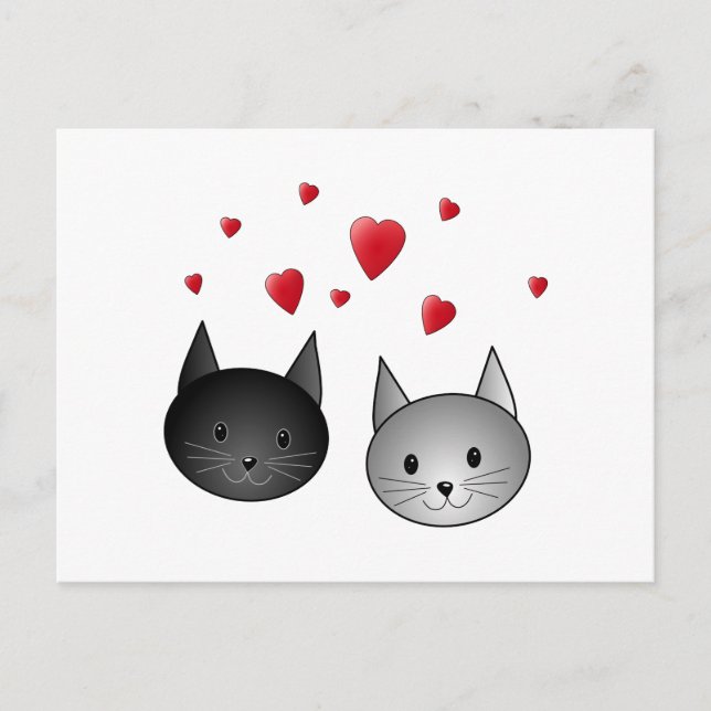 Postal Gatos negros y grises, con corazones. (Anverso)