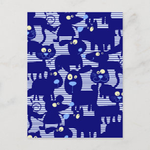 Postal Gatos - Perros y ratones en azul