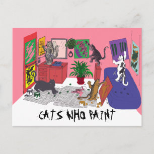 Postal Gatos que pintan, arte humorístico de los gatos pi