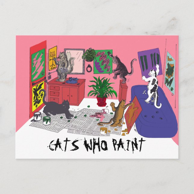 Postal Gatos que pintan, arte humorístico de los gatos pi (Anverso)
