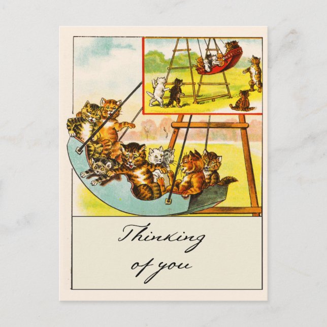 Postal Gatos retro graciosos jugando con el pensamiento d (Anverso)