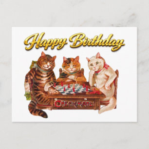 Postal Gatos Retro Jaque Mate Jugando Ajedrez Feliz Cumpl