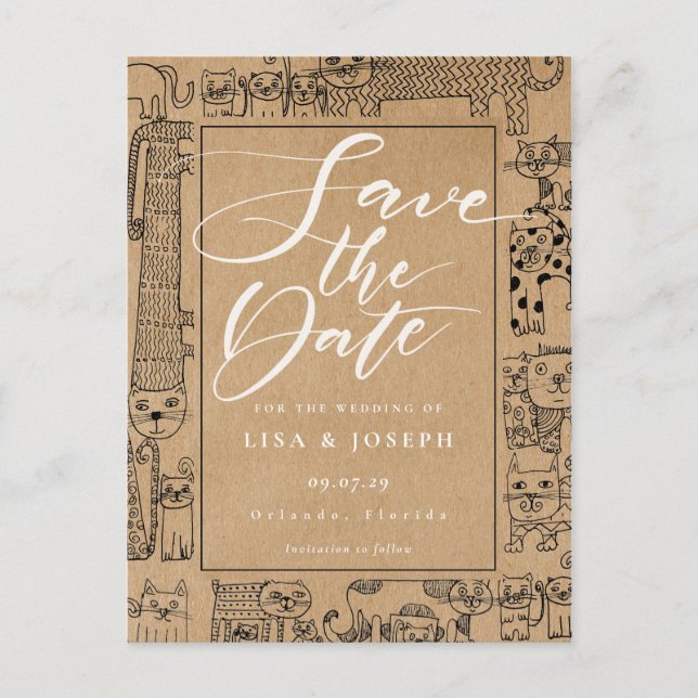 Postal Gatos Rústico Kraft Script Salva la Fecha (Anverso)
