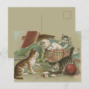 Postal Gatos victorianos antiguos jugando en una cesta de