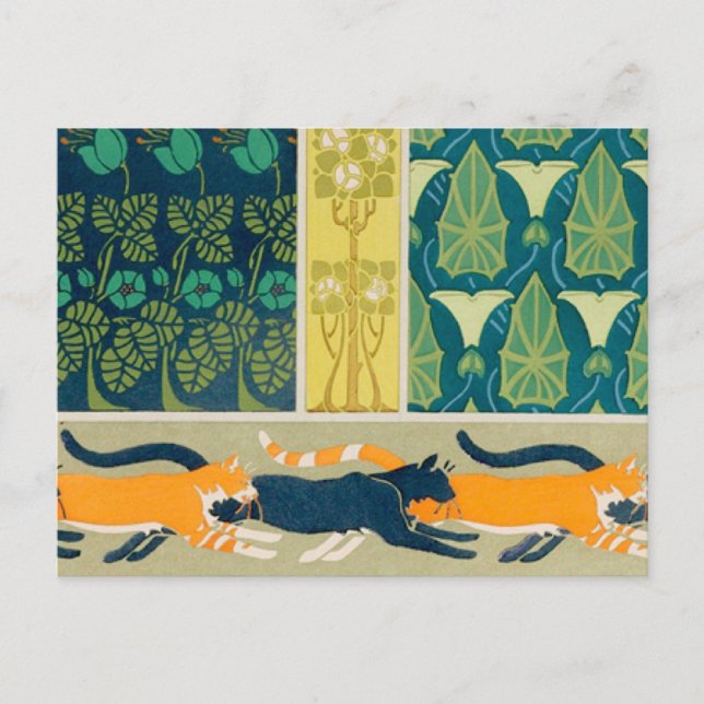 Postal Gatos y flores de Nouveau del arte (Anverso)