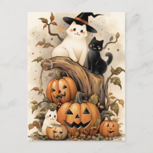 Postal Gatos y gatitos cortos en calabazas de Halloween