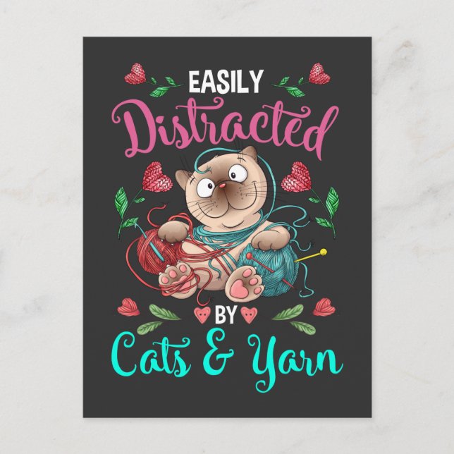 Postal Gatos y yarn adictos a una mujer crochet divertida (Anverso)