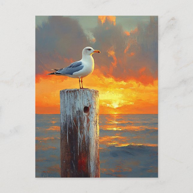 Postal Gaviota en una puesta de sol sobre el arte oceánic (Anverso)